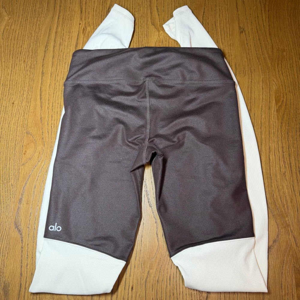 Alo Yoga Goddess Ribbed Leggings Brown Cream Activewear Yoga Pants Small - Picture 2 of 6